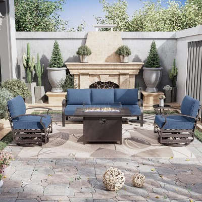 ALAULM Aluminum Patio Furniture Set 5-Seat Modern Metal Outdoor Conversation Sets w/45in Propane Fire Pit Table, Swivel Rocking Chairs, Navy Blue