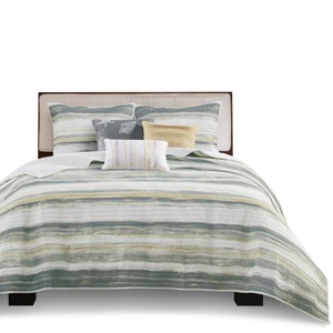 Gulches Series Yellow Modern Coastal Watercolor Stripe Full Queen 6 Piece Printed Quilt Set with Throw Pillows Blanket - 1 of 4