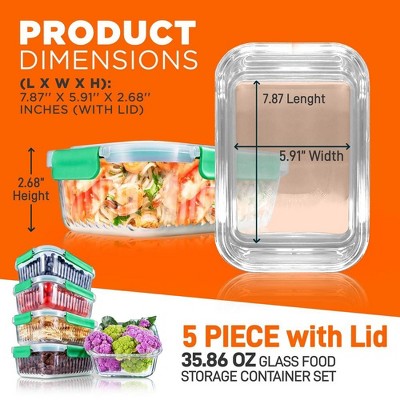 NutriChef 5-Piece Glass Food Storage Containers with Green Lids