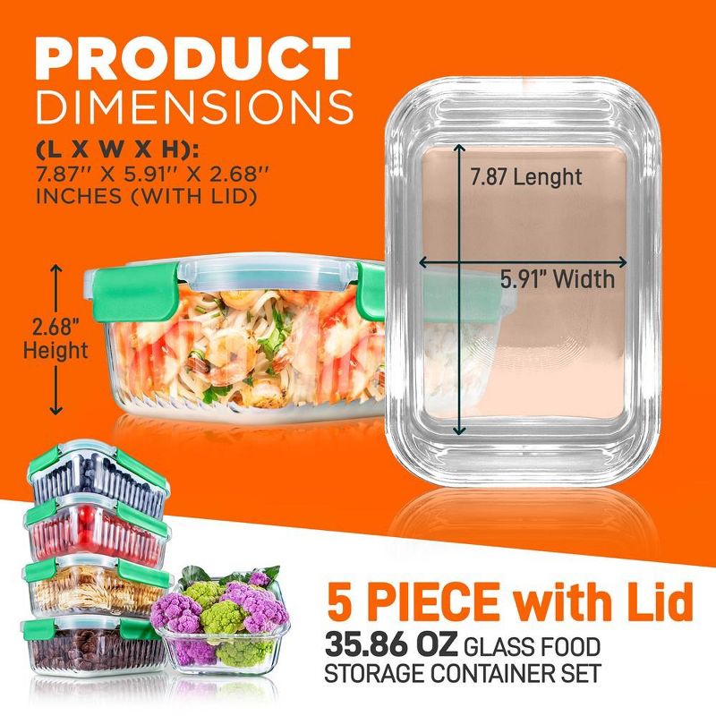 NutriChef 5-Piece Superior Glass Food Storage Containers Set - Stackable Design, Newly BPA-free Airtight Locking lids with Wave Design, 2 of 4