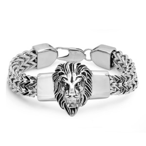 Steeltime Men's stainless steel lion head box chain bracelet. Color Options: Silver, Gold - 1 of 4
