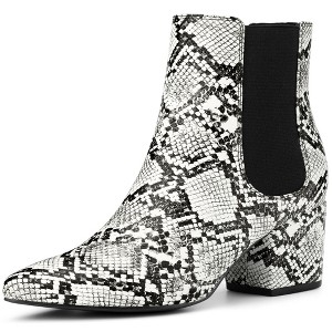BLISSFUL STEP Snake Print Boots Pointed Toe Chunky Heels Ankle Boots for Women - 1 of 4