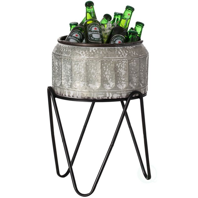 Vintiquewise Silver Galvanized Metal Ice Bucket Beverage Cooler Tub with Stand, 1 of 8