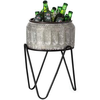 Vintiquewise Silver Galvanized Metal Ice Bucket Beverage Cooler Tub with Stand