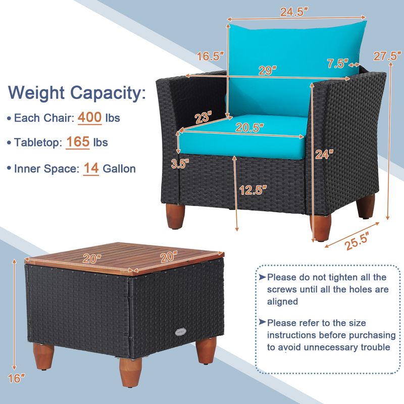 Tangkula 3PCS Patio Rattan Conversation Set Outdoor Furniture Set w/ Cushions, 3 of 8