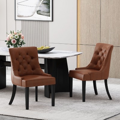 Cognac Brown Faux Leather Upholstered Dining Chairs with Wood Legs