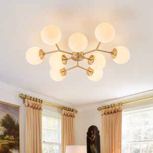 LLHZSY 9-Light Y-shaped Branch Semi-Flush Mount Ceiling Light Fixture With Milk White Glass Globe-Brass - 1 of 4