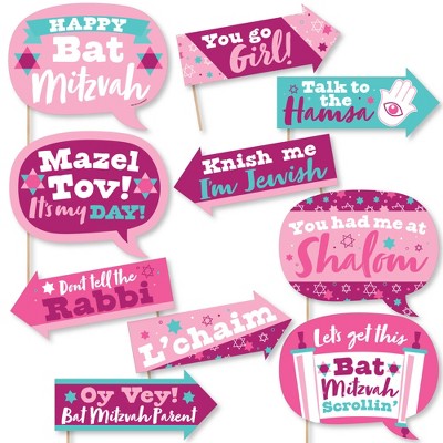 Big Dot of Happiness Funny Pink Bat Mitzvah - Girl Party Photo Booth Props Kit - 10 Piece