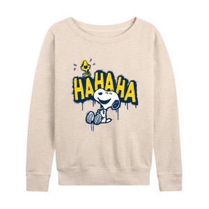 Women's - Peanuts - Ha Ha Graffiti Lightweight French Terry Wide Neck Long Sleeve Shirt - 1 of 4