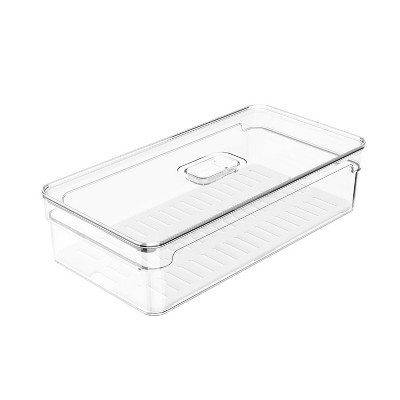 OU Fridge Organizer Bin with Vented Lid, Clear Stackable Refrigerator Storage Bin, Produce Kitchen Storage Container, 11.8" Depth, BPA Free
