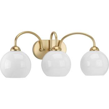 Progress Lighting Carisa 3-Light Bath in Vintage Gold, Wall Light, White Glass Globes, Up/Down Mounting, Shade Included