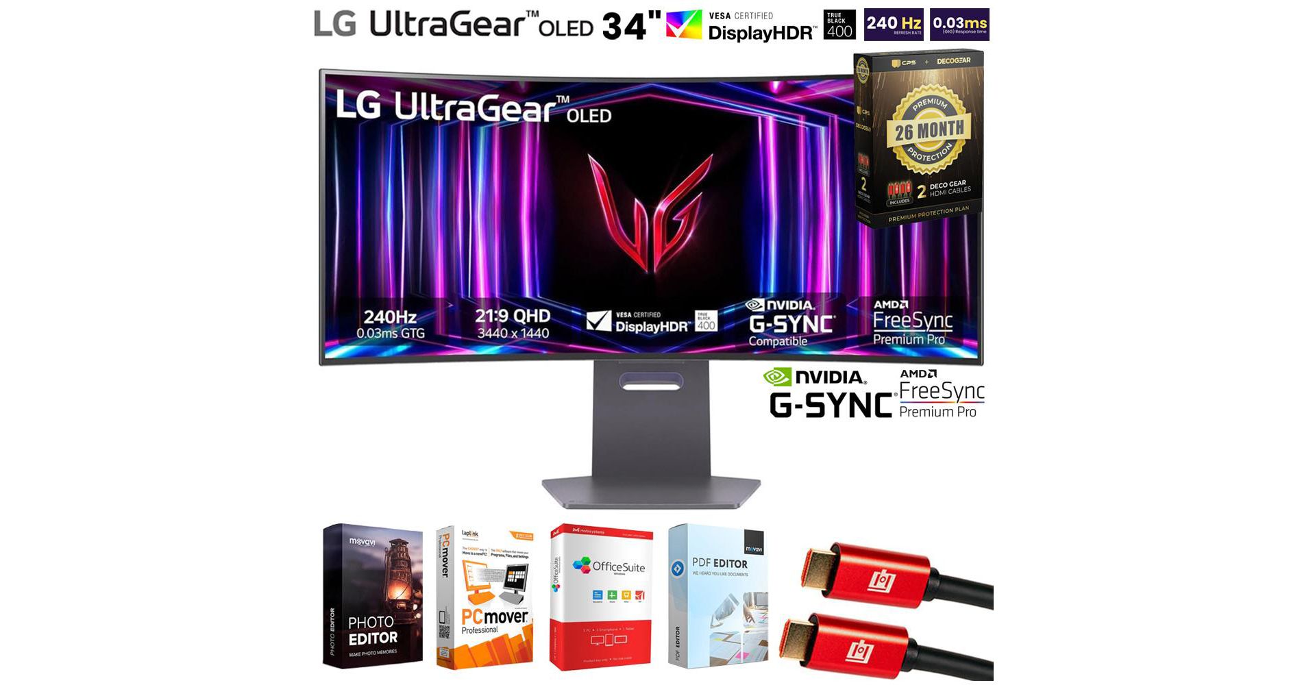 LG 34" UltraGear 1440p OLED Curved Gaming Monitor + 26 Months Protection Bundle