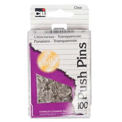 Charles Leonard Push Pins, Clear, 100/Pack (Case of 12)
