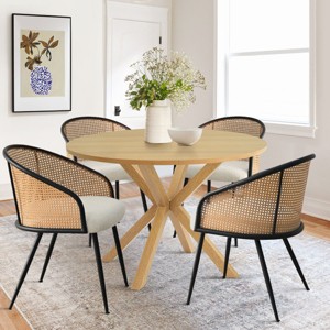 5-Piece Round Dining Set for 4, Dining Table Set with Bouclé Fabric Mesh Rattan Backrest Armreat Dining Chair, Dining Room Furniture - Maison Boucle - 1 of 4