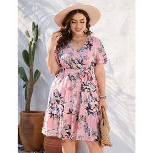 Coolmee Women Plus Size Casual Floral V Neck High Waisted Short Sleeve Wrap Midi Dress With Belt - 1 of 4