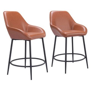 Zuo Modern – Vila Counter Stool Set of 2, 38.6" H Brown Faux Leather Steel Modern Design - 1 of 4