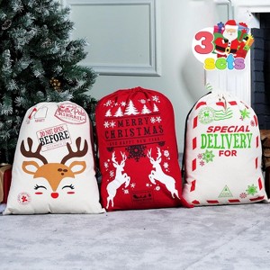 Joyfy 3 Pcs Christmas Canvas Gift Bag, 26" x 19" Drawstring Santa Burlap Sack Large Gift Bags for Christmas Gift Package Party Favors Hoilday Decor - 1 of 4