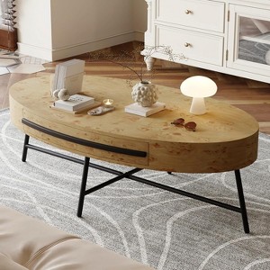 Oval Coffee Table with Drawer, 47.2“ Wooden Coffee Table with Storage and Cross Metal Legs, Mid-Century Modern Center Table Unique Curved Design - 1 of 4