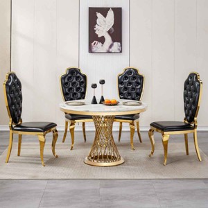 47 Inch Modern Style Round Dining Table, Table with High Gloss Top, Faux Marble Dining Table with Silver Stainless Steel Base-Cuddlewood - 1 of 4