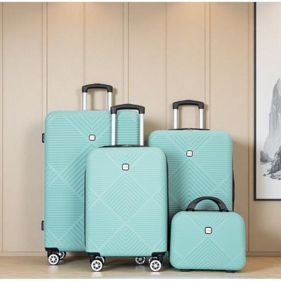 Vynxaria 4-Piece Light Blue ABS Lightweight Luggage Set 14" Makeup Box 20/24/28" Suitcases with Aircraft Wheels