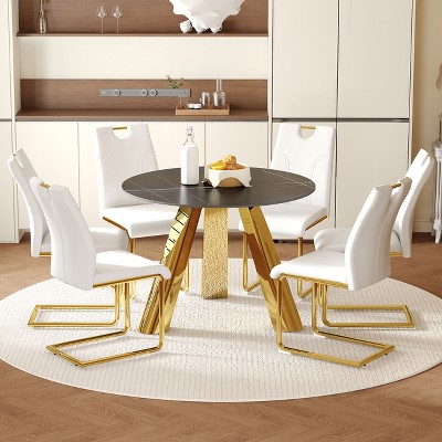 FURNIinspire Dining Sets Dining Table Set For 6, 42" Round Black Dining Table And 6 White Dining Chairs With Golden Stainless Steels Legs