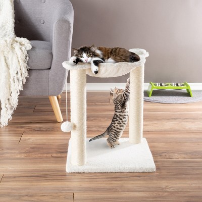 Pet Adobe Cat Tree and Scratcher - Hammock-Style Cat Lounging Bed and Interactive Hanging Toy - 15.75", White