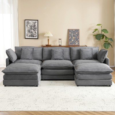 Whisen 112" Modern Design Modular Sofa Couch Upholstered Corduroy L-Shape Sectional Sofa with Two Movable Ottomans and Side Storage Pockets