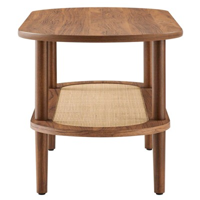 Walnut Oval Coffee Table with Rattan Shelf and Wood Grain Finish