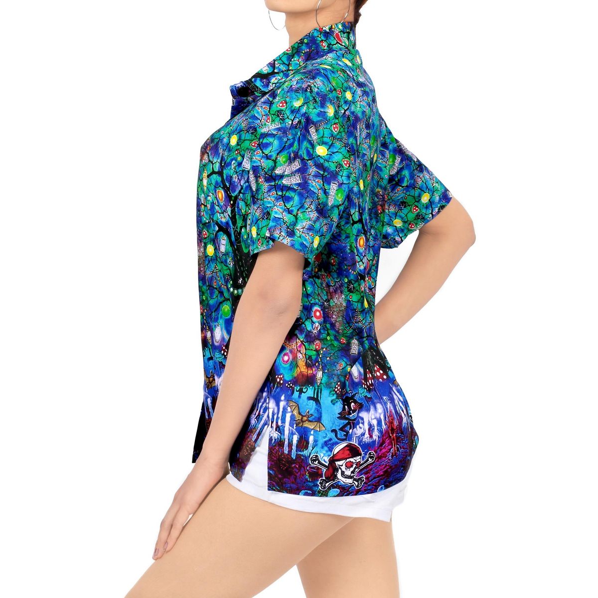 HAPPY BAY Women's Hawaiian Blouse Dresses Button Down Tops Dress Shirt Short Sleeve Halloween Costumes Vintage Shirts for Women XX-Large Blue, Ghost - thumbnail 3