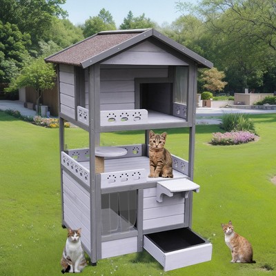 LAOTIES Outdoor Cat House,3-Story Weatherproof Wooden Feral Cat Shelter with Balcony,Litter Box And Scratching Post,Multi Cat Condo