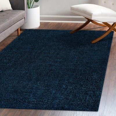 Navy Solid Synthetic Low-Pile Rectangular Area Rug, 8'x10'