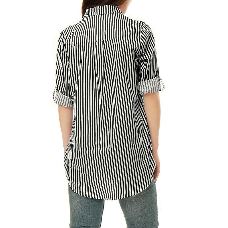Allegra K Women's Striped Button Down Roll-up Long Sleeves Point Collar Shirt, 3 of 7