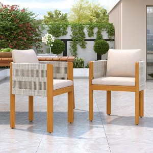 ORRD Acacia Wood Outdoor Dining Chairs 2-Pack w/ White Rope Handles, Waterproof Cushions, 400 lbs Capacity - 1 of 4