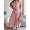 Women's Mock Neck Belted Pleated Midi Dress - Long Sleeve Flowy Swing Dress for Formal & Casual - 2 of 4