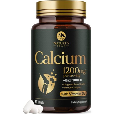 Calcium 1200mg with Vitamin D3 Supplement for Strong Bones & Muscle Support - 60 Tablets By Nature's Peak