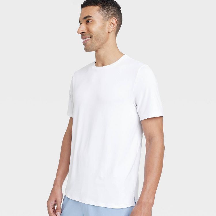 White colored short-sleeve t-shirt with a round neckline.