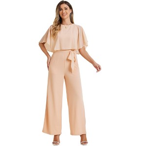 Allegra K Women's Casual Dressy Cape Ruffle Sleeve Tie Waist Wide Leg Jumpsuits - 1 of 4