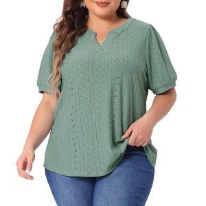 Agnes Orinda Women's Plus Size Summer Eyelet V Neck Short Sleeve Blouse - 1 of 4