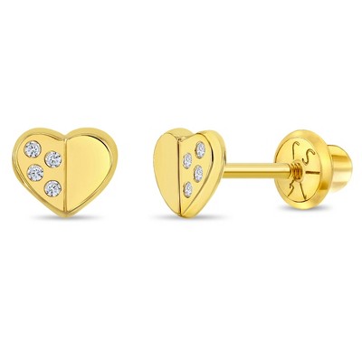 Girls' Sweet Heart Encrusted Screw Back 14k Gold Earrings - In Season Jewelry