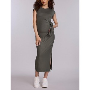 Women's Crew Neck Short Sleeve Side Tie Maternity Midi Dress | Motherhood Maternity - 1 of 4