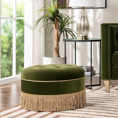 Olive Green Velvet Tufted Round Ottoman with Fringe