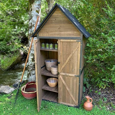 Dark Brown Fir Wood Outdoor Storage Shed with Shelving