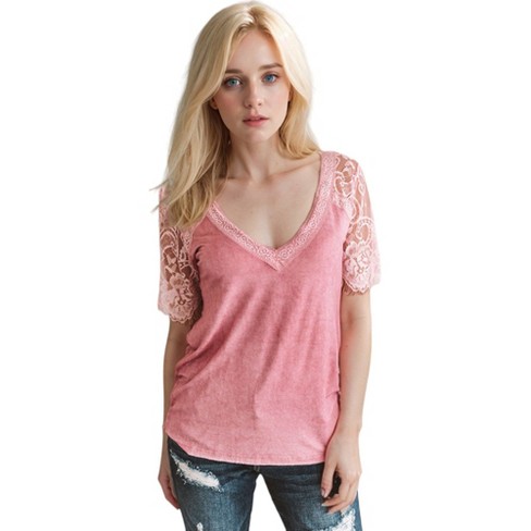 Anna kaci Women s Lace Short Sleeve T shirt V Neck Cotton Summer Casual Tops Tee Shirts X Large Brick Red Target