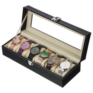 Unique Bargains PU Leather Glass Cover Wooden Watch Storage Box - 1 of 4