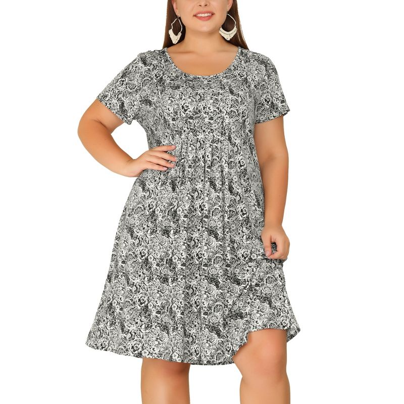 Agnes Orinda Women's Plus Size Relaxed Fit Floral Inverted Box Pleat Boho Shirt Dresses, 2 of 6