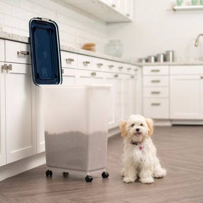 Navy and Pearl 47 Qt Airtight Plastic Pet Food Container with Casters
