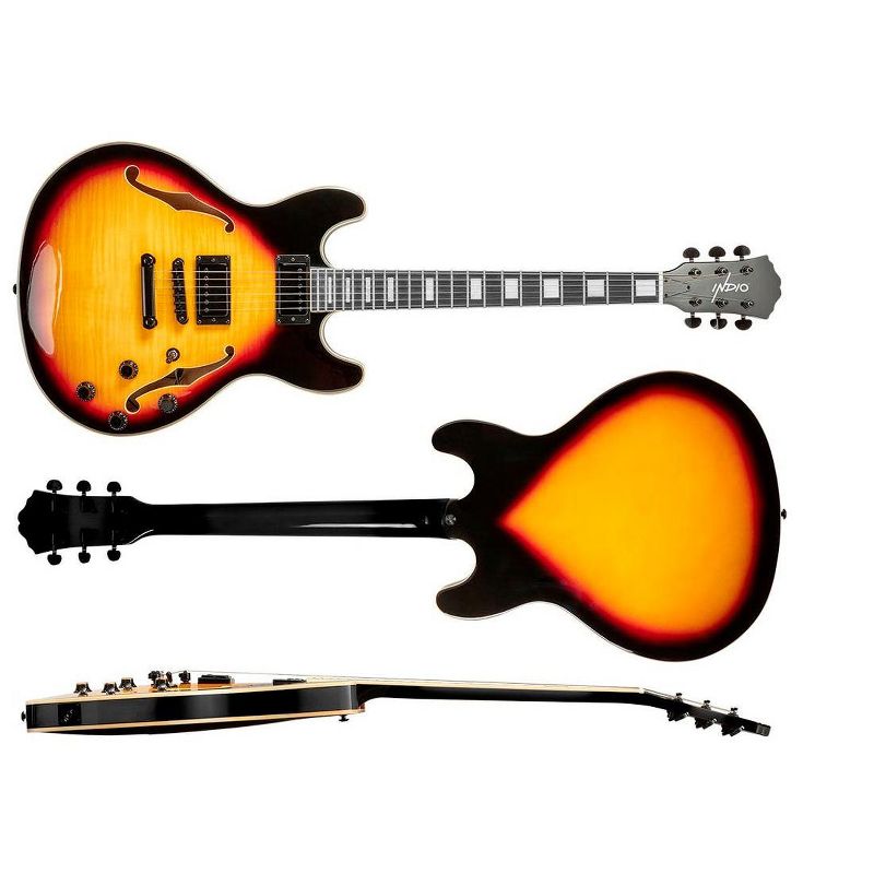 Monoprice Indio Boardwalk Flamed Maple Hollow Body Electric Guitar - Sunburst, With Gig Bag, 2 of 7