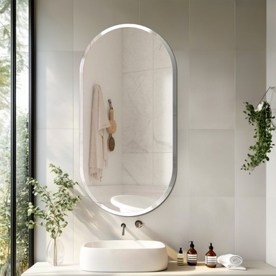 Artloge Long Oval Frameless Bathroom Mirror Silver Wall Mirror Modern with Contemporary Mirror for Room Entryway Hallway
