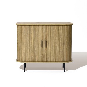 LuxenHome Mid-Century Modern 2-Door Accent Cabinet with Slatted Sliding Doors, Oak - 1 of 4