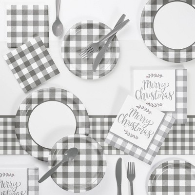 Buffalo Check Christmas Deluxe Party Supplies Kit Gray/White